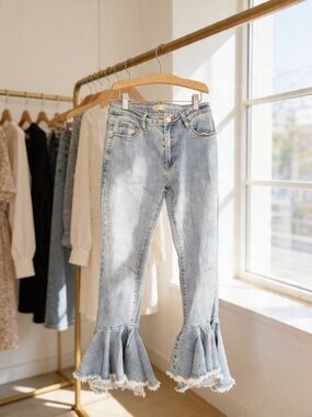 Light Wash Flared Ruffle-Hem Jeans by